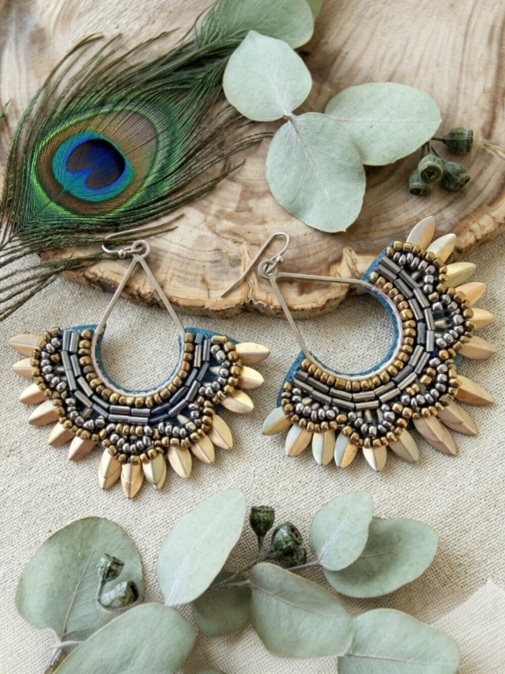 Indian Artisan Beaded Fan Drop Earrings Brass Velvet Boho Festival Statement